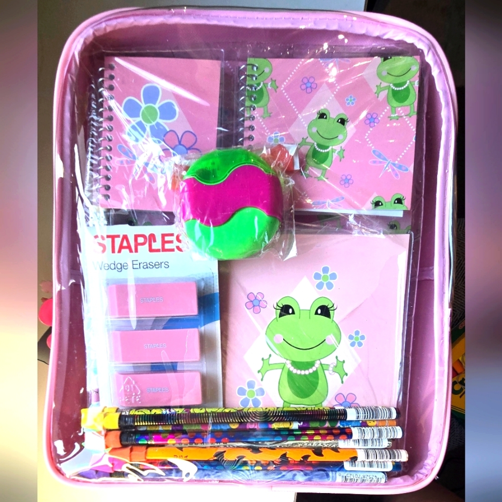 Kmart Pink Backpack With Green Frog Notepads and School Accessories